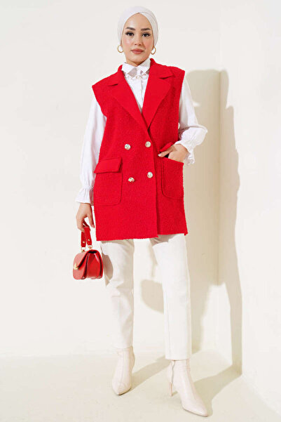 MODAQU Düğmeli Cepli Buklet Yelek Kırmızı