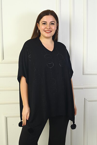 By Saygı Women's V-Neck Side Button Detail Front Round Pattern Stone Embroidered Pompom Plus Size Poncho