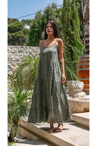 Miss Boheme Haki Yeşil Italyan Keten Elbise