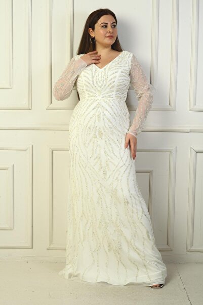 By Saygı Front Back V Neck Sleeves Tulle Lined Rhinestone Long Plus Size Dress