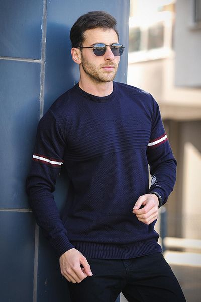Oksit Ανδρικό πουλόβερ Seka 823 Crew Neck Sleeve Stripe Slim Fit