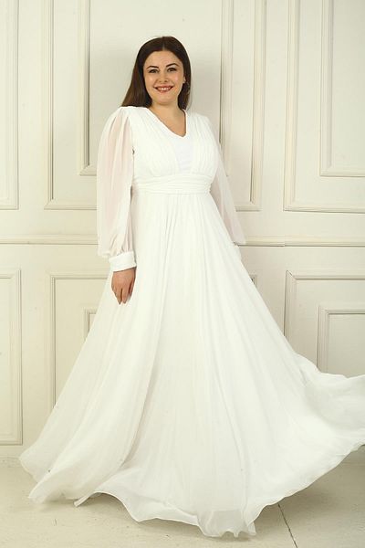 By Saygı Dámské dlouhé šifonové večerní šaty se záhybem s výstřihem do V vpředu a podšitým Plus Size