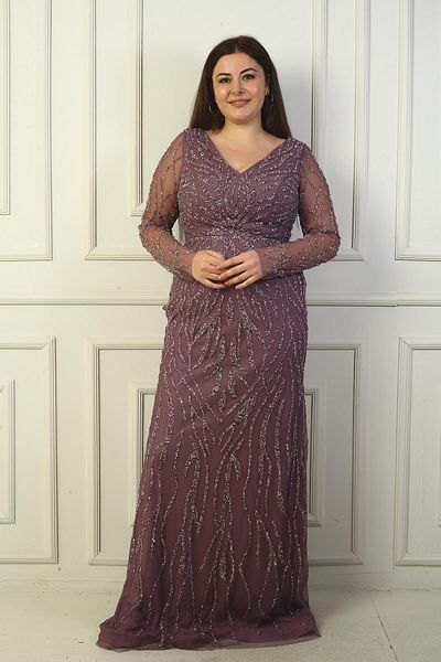 By Saygı Front Back V Neck Sleeves Tulle Lined Rhinestone Long Plus Size Dress