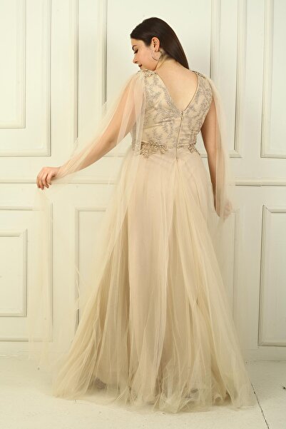 By Saygı Women's Front Back V Neck Top Beading Embroidered Large Size Spaced Long Tulle Evening Dress