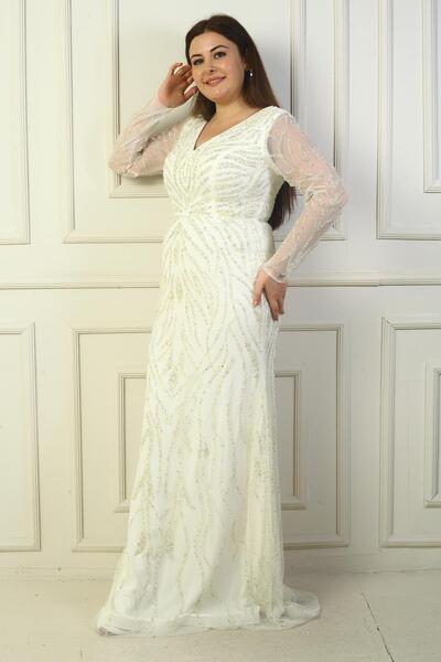By Saygı Front Back V Neck Sleeves Tulle Lined Rhinestone Long Plus Size Dress