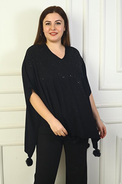 By Saygı Women's V-Neck Side Button Detailed Vertical Stone Embroidered Pompom Plus Size Poncho