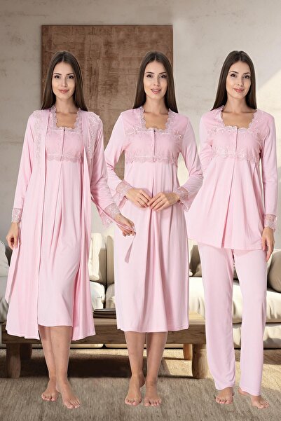 Pelin Powder Color Lace Long Sleeve Maternity Nightgown and Dressing Gown Set - Set of 4