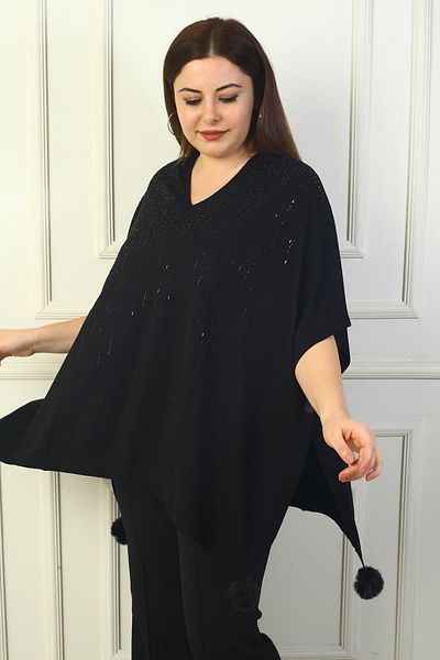 By Saygı Women's V-Neck Side Button Detailed Vertical Stone Embroidered Pompom Plus Size Poncho