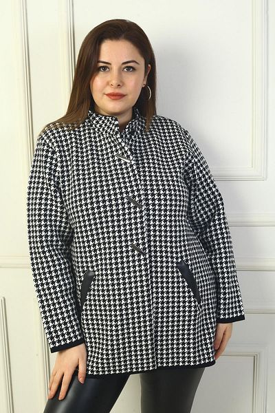 By Saygı Women's Front Snap Pockets Leather Detailed Houndstooth Large Size Acrylic Cardigan