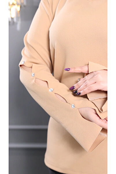 HÜLYA BUTİK Plus Size Women's Mink V-Neck Sleeve United Blouse with Stones