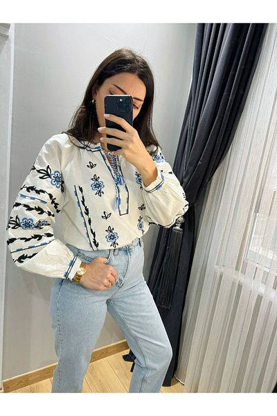 Ateilerdijle Balloon Sleeve Blue Flower Detailed Blouse