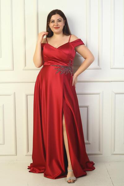 By Saygı Women's Front Back V Neck Rope Strap Low Sleeve Stone Embroidered Lining Plus Size Long Satin Evening Dress