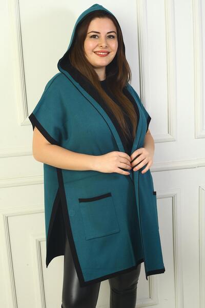 By Saygı Women's Side Button Detailed Hooded Back Patterned Plus Size Poncho