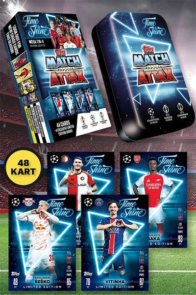 TOYFEST Topps Match Attax 24-25 Uefa Metal Boxed Footballer Cards Mega Tin Box - 48 Cards (Blue Box)