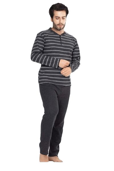 birsen içgiyim Men's Melange Fabric Lapel Two Button Winter Thick Pajamas Set