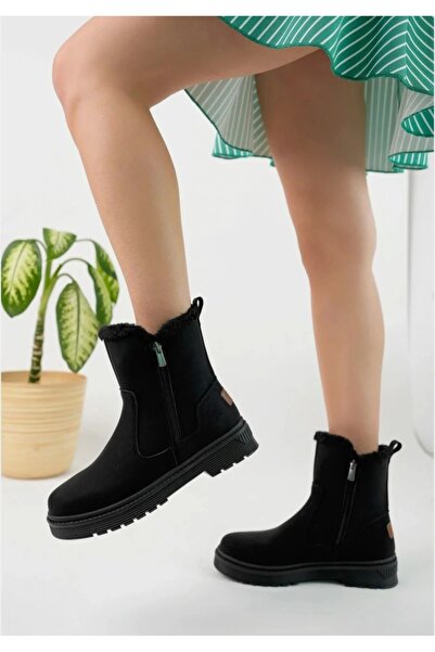 Özkan Ayakkabı POLACT SİYAH NUBUK  İKİ YANI FERMUARLI TERMO TABAN ORTOPEDİK BİLEĞİ KÜRKLÜ KADIN BOT