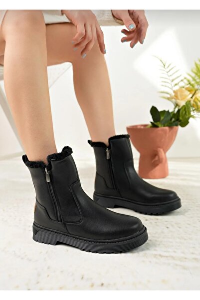 Özkan Ayakkabı POLACT SİYAH CİLT  İKİ YANI FERMUARLI TERMO TABAN ORTOPEDİK BİLEĞİ KÜRKLÜ KADIN BOT