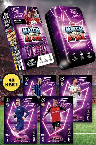 TOYFEST Topps Match Attax 24-25 Uefa Metal Boxed Footballer Cards Mega Tin Box - 48 Cards (Purple Boxed)