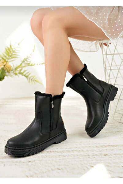 Özkan Ayakkabı POLACT SİYAH CİLT  İKİ YANI FERMUARLI TERMO TABAN ORTOPEDİK BİLEĞİ KÜRKLÜ KADIN BOT