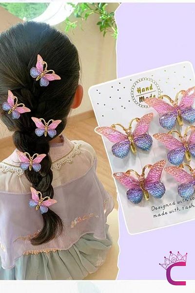 Cinderella Set de 5 agrafe cu fluture pentru fete, roz albastru, degradat - mini clemă de păr cu aripi cu pană