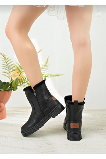 Özkan Ayakkabı POLACT SİYAH CİLT  İKİ YANI FERMUARLI TERMO TABAN ORTOPEDİK BİLEĞİ KÜRKLÜ KADIN BOT