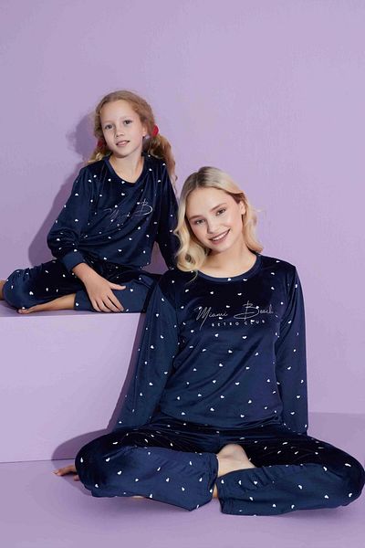 Mutlu City Set de pijamale din catifea la modă cu model de inimă - Mamă/Fiică 2776 - Inimă bleumarin