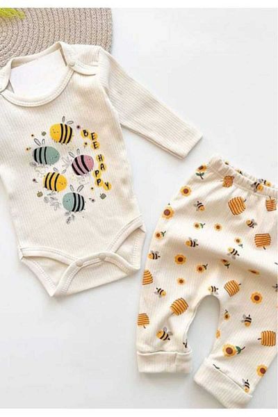 dinamik çocuk Bee Printed Corded Fabric Baby Girl's Set with Snap Fasteners, 100% Cotton, 2-Piece Bottom Top, 0-3-6-9 Months