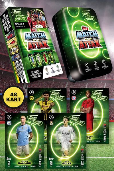 TOYFEST Topps Match Attax 24-25 Uefa Metal Boxed Footballer Cards Mega Tin Box - 48 Cards (Green Boxed)