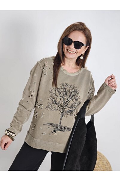 Felix Butik FELİX12906 Ağaçlı Yıkamalı Oversize Vizon Sweatshirt