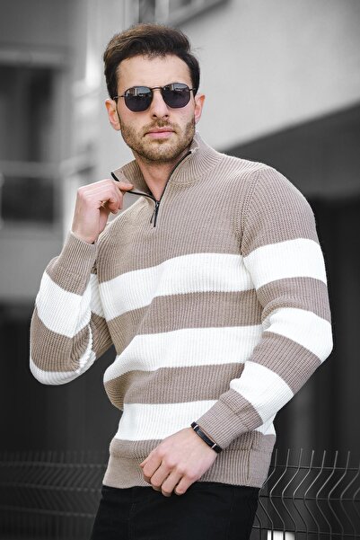 Oksit Ανδρικό πουλόβερ Bertrand Stand γιακά με φερμουάρ, ριγέ βαμβακερό χοντρό