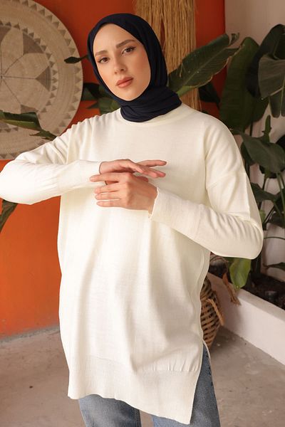 İmajButik Cream Seasonal Mercerized Loose Knitwear Tunic