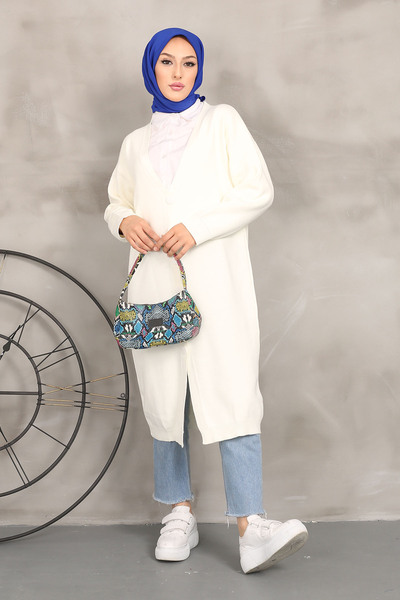 İmajButik Cardigan lung de tricotaj cu nasturi crem