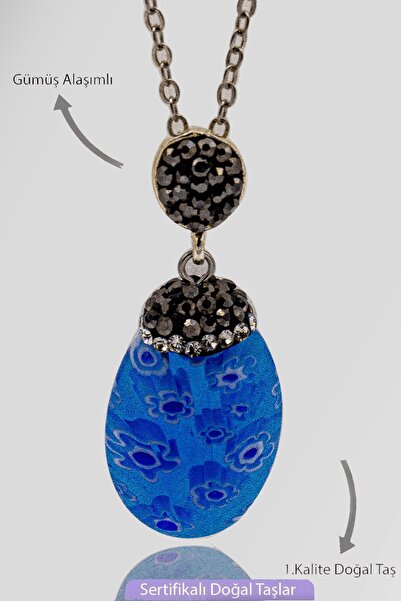 Erilsa Sertifikalı Zirkon Taşlı Model Mavi Murano Kuvars Taşı Kolye