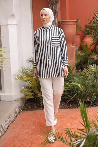 İmajButik Black Striped Loose Shirt with Pockets