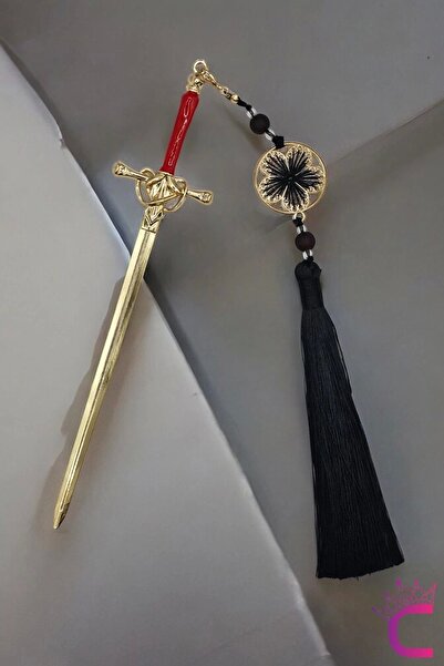 Cinderella Kırmızı Gold Kılıç Tasarım Siyah Püsküllü Metal Topuz Toka 20cm - Kadın Firkete Çubuk Topuz Tokası