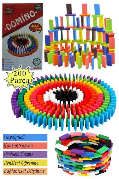 Artlantis Domino Oyunu Eğitici 200 Parça 1 Paket 200 lü Ahşap Renkli Domino T...