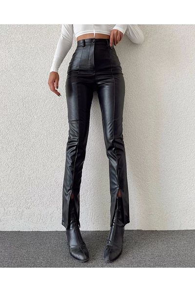 Hello Lovely Schwarze Lederhose mit Schlitz am Bein