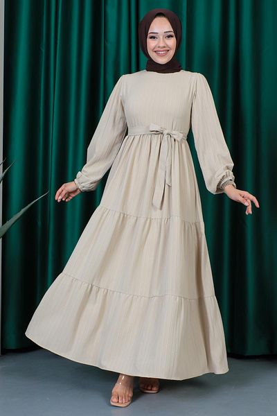 İmajButik Beige Crew Neck Waist Tie Dress