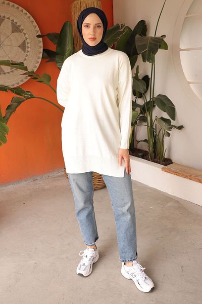 İmajButik Cream Seasonal Mercerized Loose Knitwear Tunic