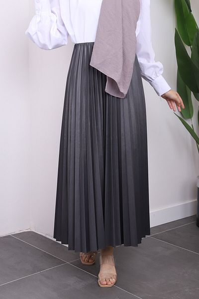 İmajButik Δερμάτινη φούστα με πλισέ καπνιστή