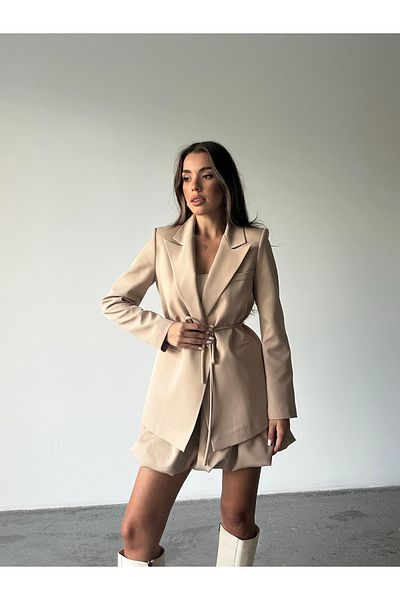 NEW JOURNAL Γυναικείο μπουφάν Premium Blazer με μπεζ επένδυση με λεπτομέρεια με κορδόνια