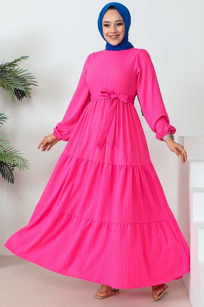İmajButik Fuchsia Crew Neck Waist Tie Dress
