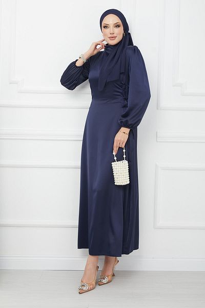 İmajButik Βραδινό φόρεμα σατέν με μπλε ναυτικό πλαϊνό λεπτομέρεια