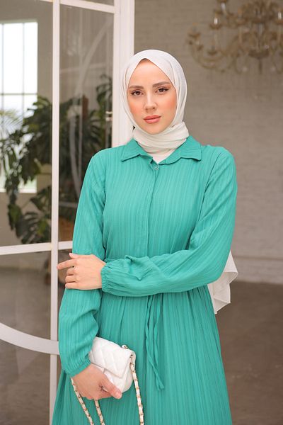 İmajButik Green Shirt Collar Gathered Sleeve Elastic Dress