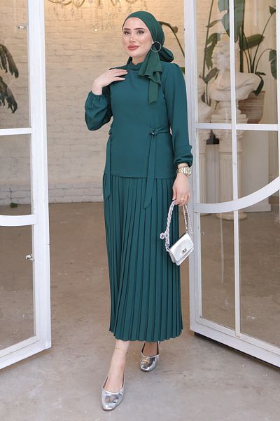 İmajButik Emerald Green Side Detailed Blouse Pleated Skirt Set