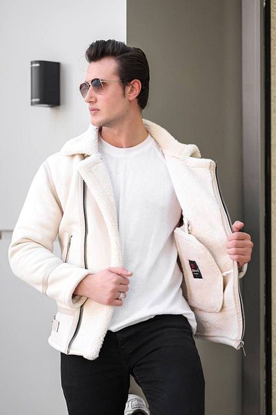 Mero Life Ανδρικό δερμάτινο Napa Full Fur Inside Υψηλής ποιότητας Slim Fit Λευκό Παλτό & Μπουφάν