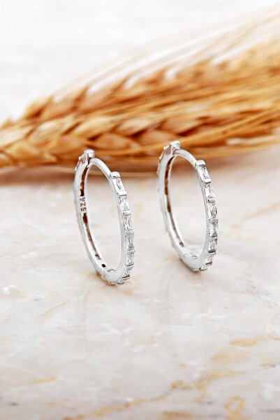 Sümer Telkari 23 Mm Baget Taşlı Rodyumlu Gümüş Halka Küpe 7165