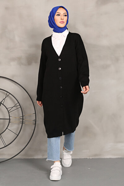 İmajButik Cardigan lung de tricotaj negru - cu nasturi