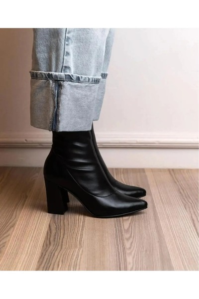 Mc vay Shoes Streç Bilekli Siyah Sivri Burunlu Orta Boy Topuklu Bot