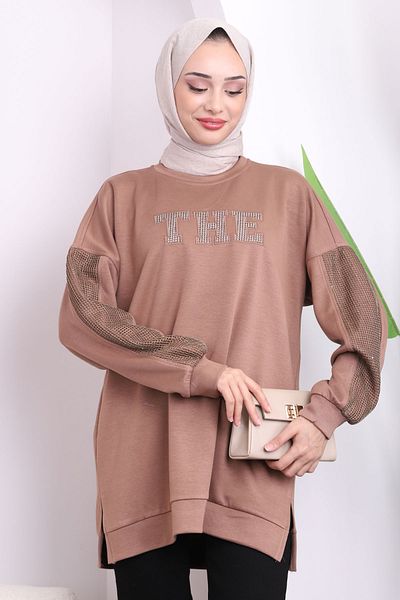 İmajButik Καφέ τουνίκ με κέντημα με λαιμόκοψη με δύο κλωστές